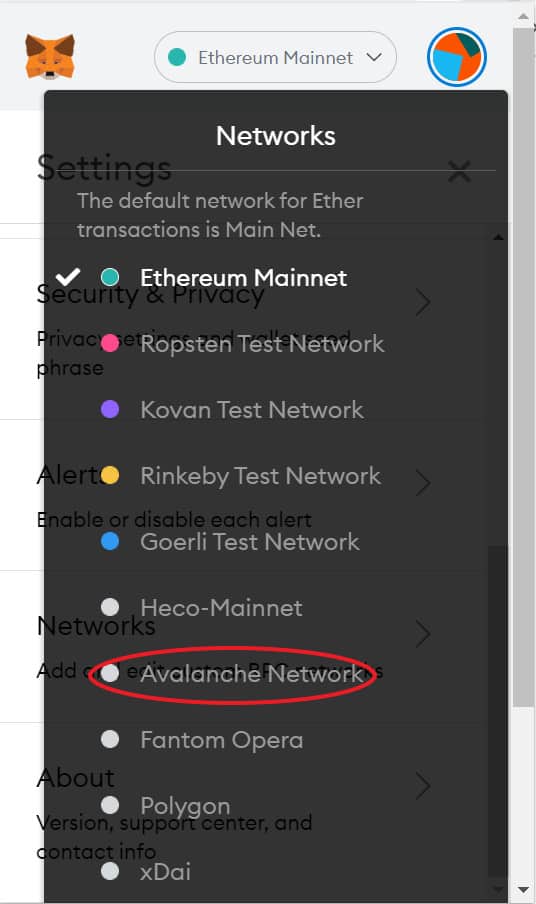 Selecting Avalanche from dropdown menu in MetaMask