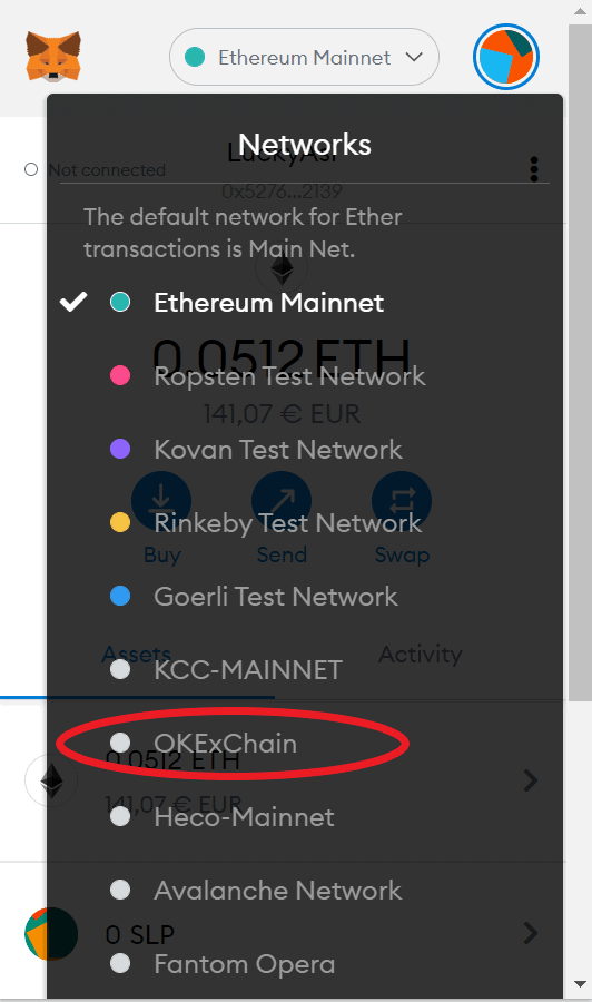 Choose OKExChain network to connect with MetaMask
