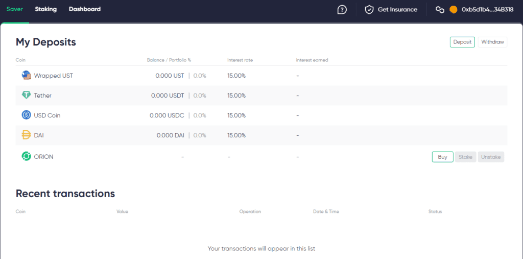 orion.money dashboard and interface