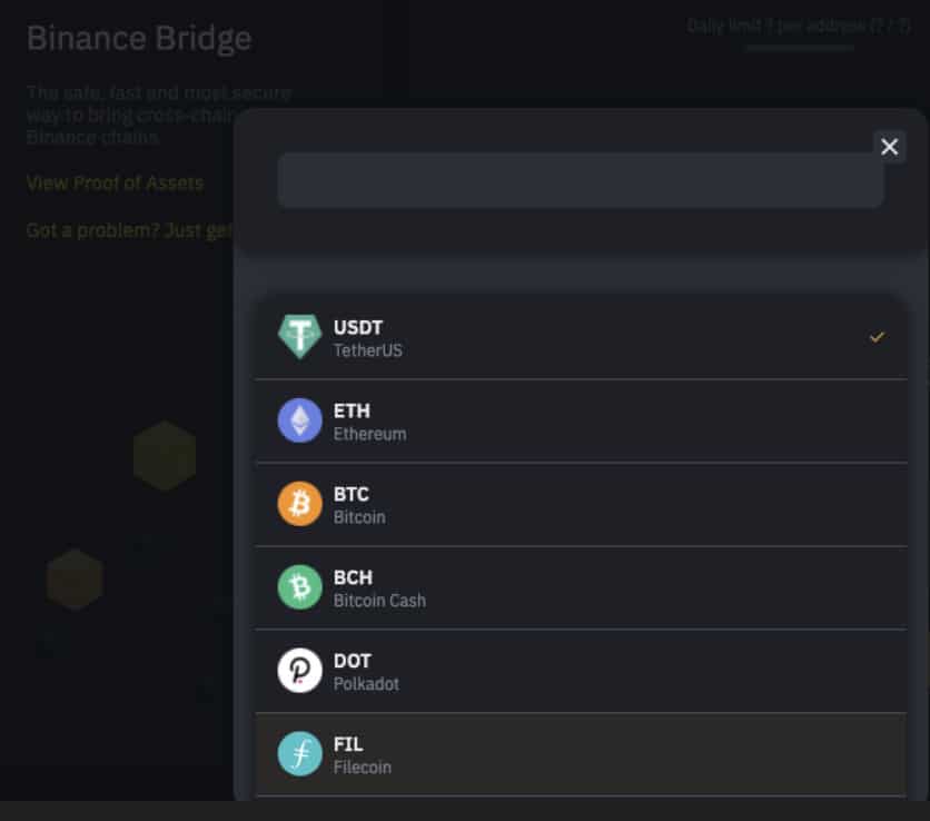 Choose assets binance bridge