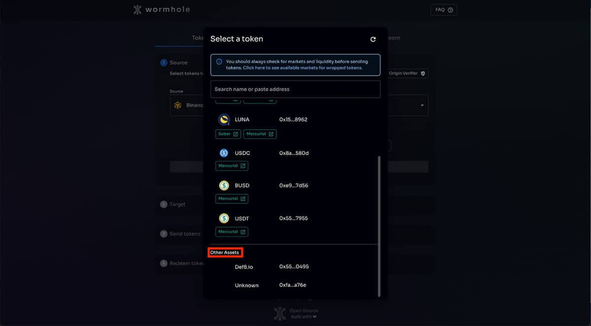 Connect your wallet and choose the token you wish to move on wormhole